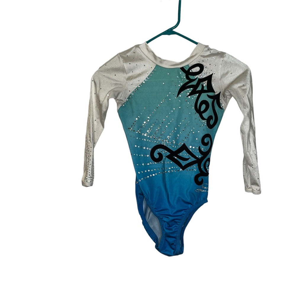GK Dreamlight white turquoise long sleeve competition leotard